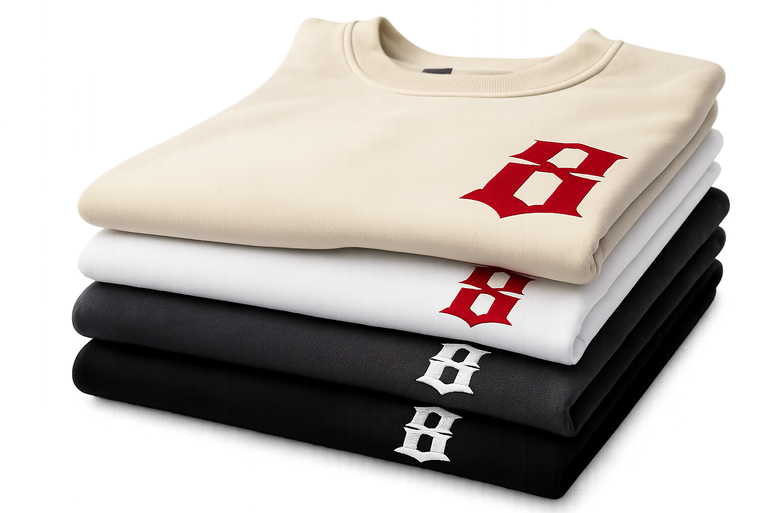 E8HT folded tee stack in cream, white, charcoal, and black with embroidered 8 logo